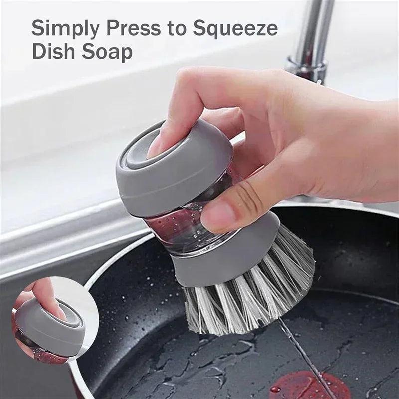 Dish Brush with Soap Dispenser and Drip Tray for Efficient Kitchen Cleaning