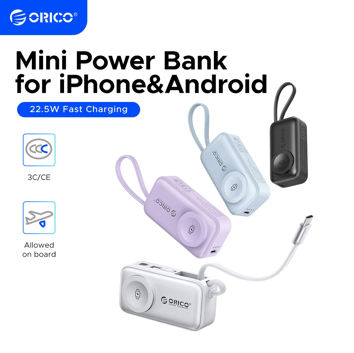 22.5W Compact 5000mAh Power Bank with Built-In USB-C Cable, Fast Charging for iPhone 17 and Samsung S25