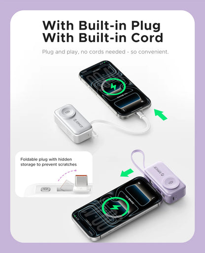 22.5W Compact 5000mAh Power Bank with Built-In USB-C Cable, Fast Charging for iPhone 17 and Samsung S25