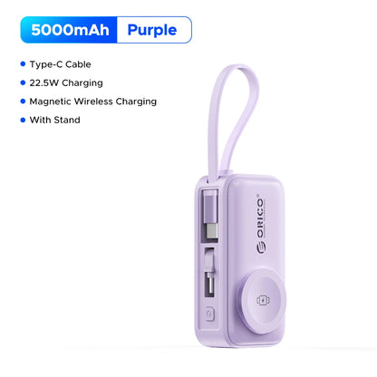 22.5W Compact 5000mAh Power Bank with Built-In USB-C Cable, Fast Charging for iPhone 17 and Samsung S25