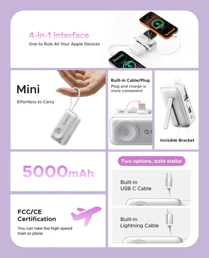 22.5W Compact 5000mAh Power Bank with Built-In USB-C Cable, Fast Charging for iPhone 17 and Samsung S25