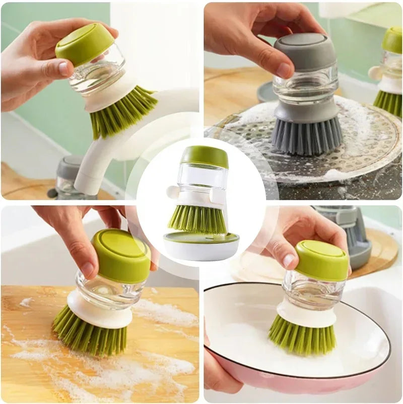 Dish Brush with Soap Dispenser and Drip Tray for Efficient Kitchen Cleaning