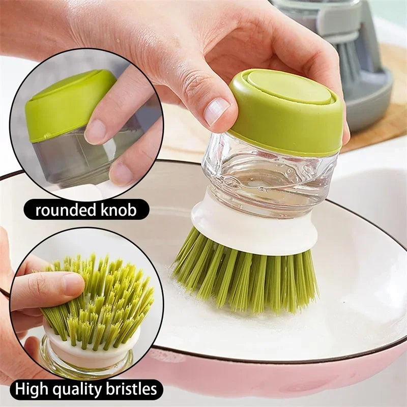 Dish Brush with Soap Dispenser and Drip Tray for Efficient Kitchen Cleaning